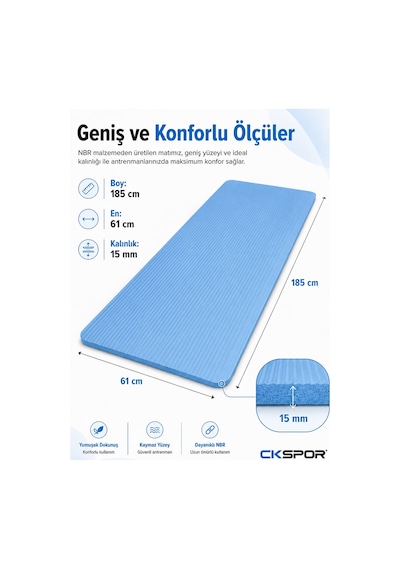 Ckspor 15 Mm Kaymaz Nbr Pilates Matı Taşıma Askılı Yoga Veegzerisiz Minderi Mavi