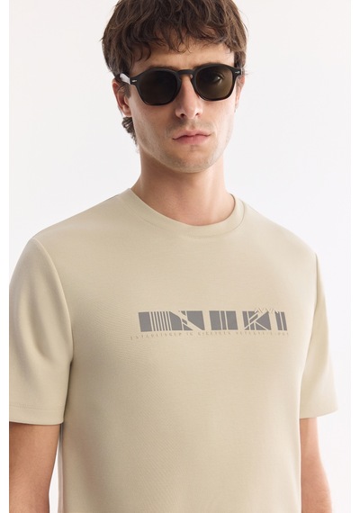 Avva Erkek Bej Bisiklet Yaka Baskılı Bi-stretch İnterlok Regular Fit T-shirt A61y1061