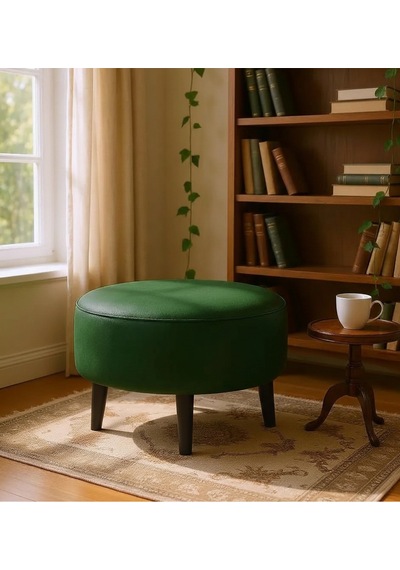 Waterybrook Suni Deri Puf Large - Siyah Ahşap Ayaklı - Retro Modern Tasarım - Dekoratif Sehpa Yeşil