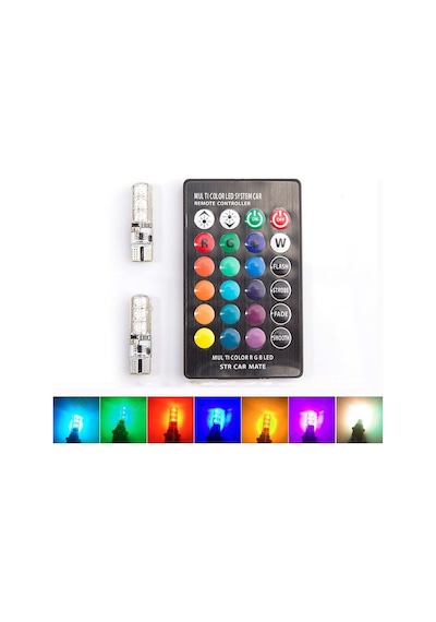 Kumandalı Çakarlı T10 Araç Park Ampulü 18 Led Rgb Park Stop Çakar Lamba Ampül