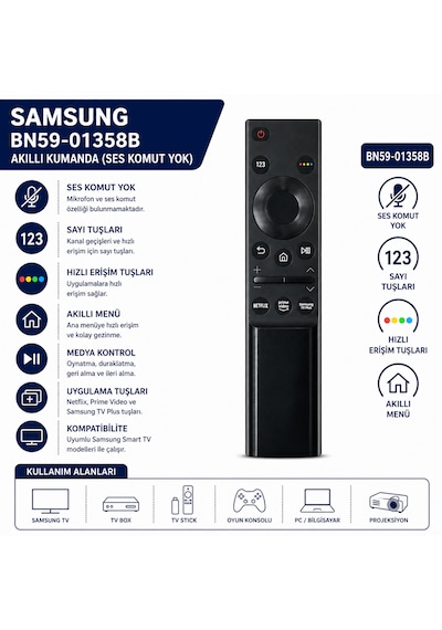 Samsung Uyumlu Bn59-01358b Akıllı Tv Kumandası Netflix, Prime Video, Samsung Uyumlu Tv Plus Tuşlu Ses Komutsuz