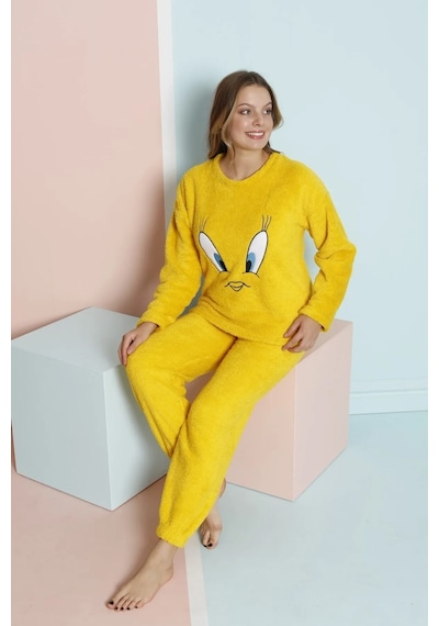 Waynap Kışlık Peluş Tweety Kadın Pijama Takımı Tampap 8170 Sarı