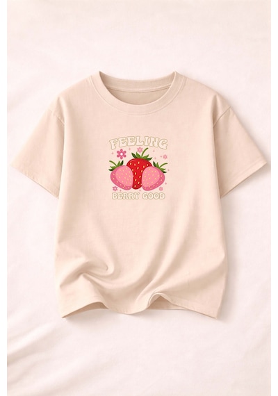 Herkesemoda Feelıng Baskı Detaylı Kadın Bisiklet Yaka Pamuklu T-shirt Bej