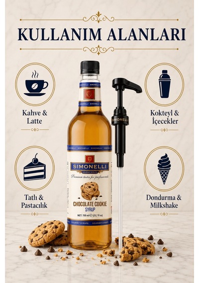 Simonelli Çikolatalı Kurabiye Chocolate Cookie Aromalı Kahve ve Kokteyl Şurubu 700  ML + Pompa