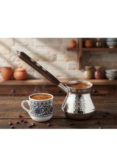 İşlemeli Ahşap Saplı 450ml El Yapımı Dekoratif Kalın Bakır Cezve 10cmx10,5m