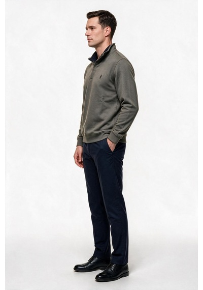Legato Erkek Dik Yaka Yarım Fermuarlı Pamuk Karışımlı Uzun Kollu Sweatshirt Haki