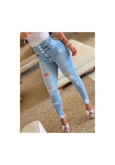 Butik İstanbul Kadın Yüksek Belli Önden Düğmeli Yırtık Detaylı Kot Pantolon Mavi
