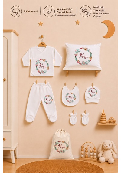 Pia Baby Kız Bebek Hastane Çıkışı 8 Parça %100 Pamuk İsimli Organik Baskılı Kese Hediye Zıbın Seti 1017zybk3x Krem