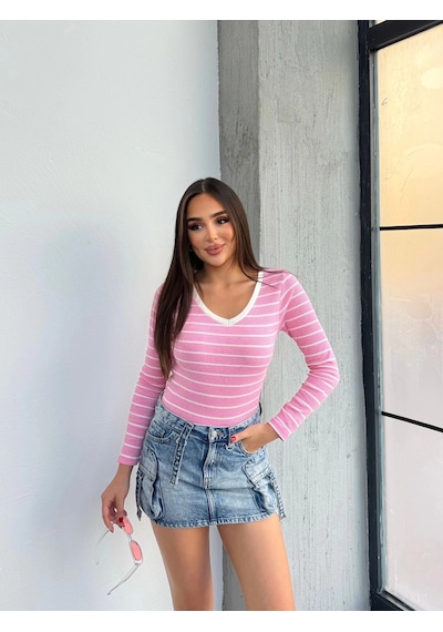 Defymoda V Yaka Çizgili Bluz Pembe A3699 Pembe