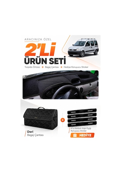 Renault Kangoo 2 Airbagsiz 2004-2008 Uyumlu Torpido Örtüsü + Deri Bagaj Çantası Seti - Siyah