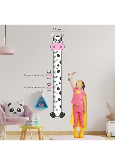 Sevimli İnek Boy Ölçer Sticker - Bebek Ve Çocuk Odası Boy Cetveli &