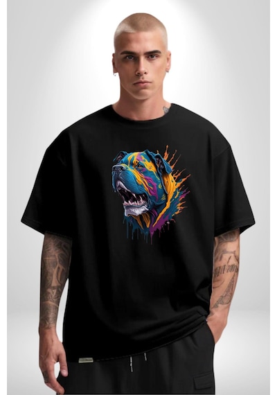 Köpek Saint Bernard Havlama Pamuklu Bisiklet Yaka Unisex Oversize Boyfriend Dijital Baskılı Siyah T-shirt Siyah