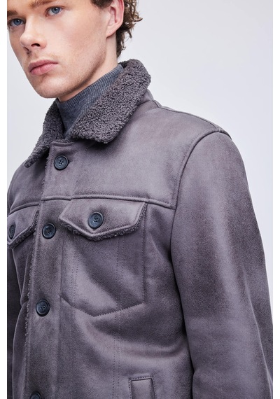 Hatemoğlu Gri Slim Fit Bebe Yaka Deri Mont