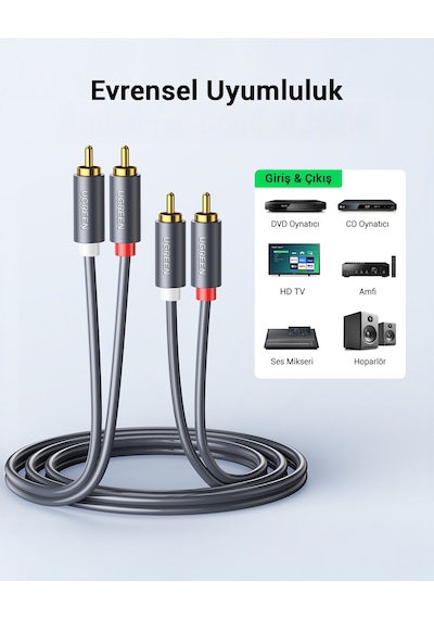 Ugreen 2 Rca - 2 Rca Ses Kablosu, 5 M, Antrasit, 10520