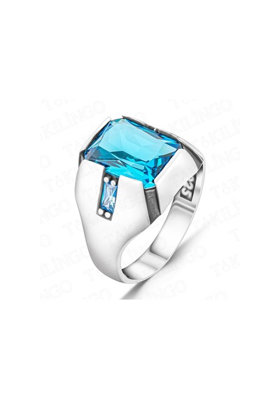 Takılingo 925 Ayar Gümüş Aqua Taşlı Sade Erkek Yüzük Gümüş