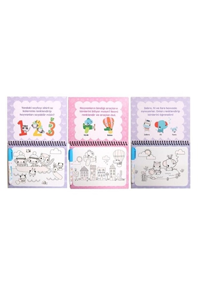 Sihirli Boyama Kitabı 3'lü Set Hayvanlar Sayılar Araçlar Water Magic Numbers Vehicles Animals