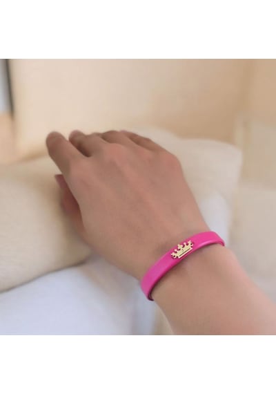 J Harfine Özel Doğal Pembe Derili Taç Motifli 14 Ayar Altın Plakalı Hediye Bileklik-495harf J