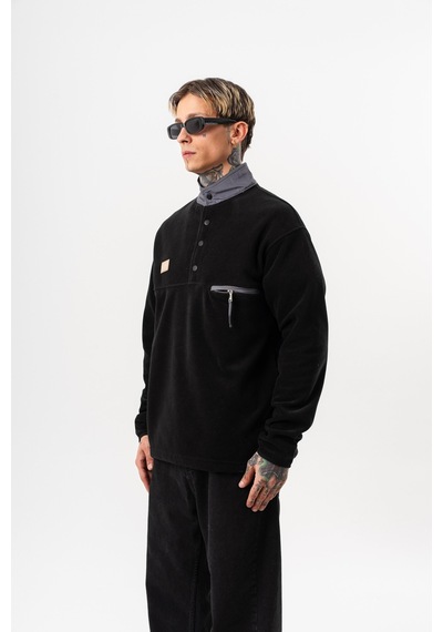 Respire Erkek Düğme Detaylı Oversize Polar Sweatshirt Siyah