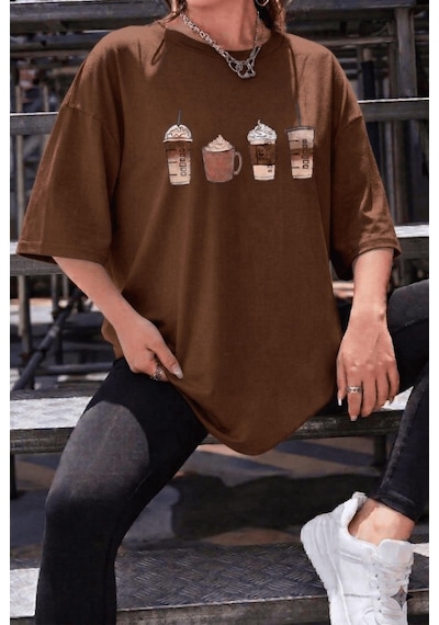 Coffee Lover Baskılı Unisex Oversize T-shirt - Büyük Beden Seçenekli Kahve