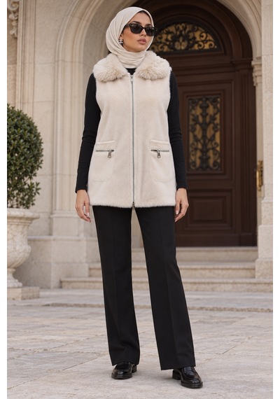 Sevitli Angora Cepli Yelek-bej-6013