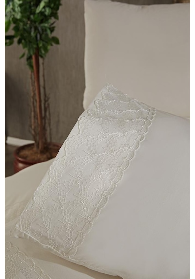 Fransız Dantelli Serap Çeyizlik Nevresim Takımı Krem Krem