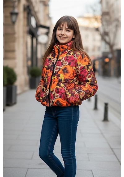 Genel Kız Çocuk Turuncu Dik Yaka Çiçekli Şişme Mont