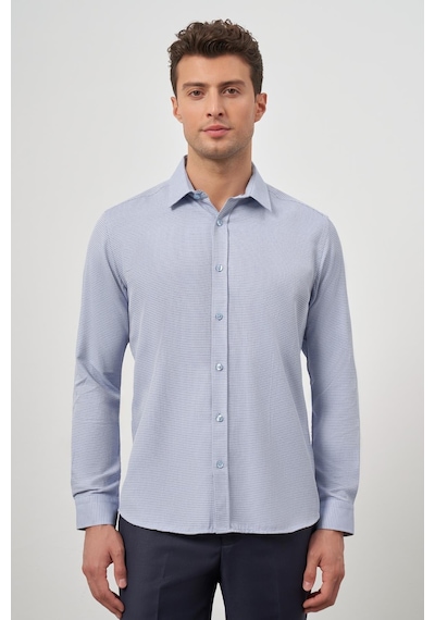 İmza Koyu Mavi Uzun Kol Kendinden Desenli Armürlü Sert Yaka Cepsiz Pamuklu Classic Slim Fit Gömlek 1004245161 Koyu Mavi