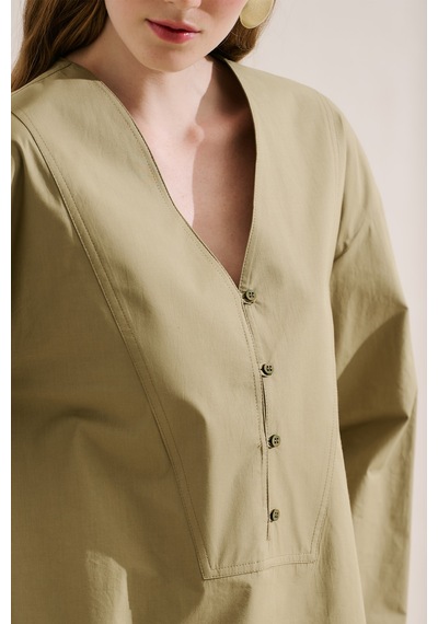 Manuka Poplin Geniş Kol V Yaka Gömlek Haki Ss26gml00023-025-9139