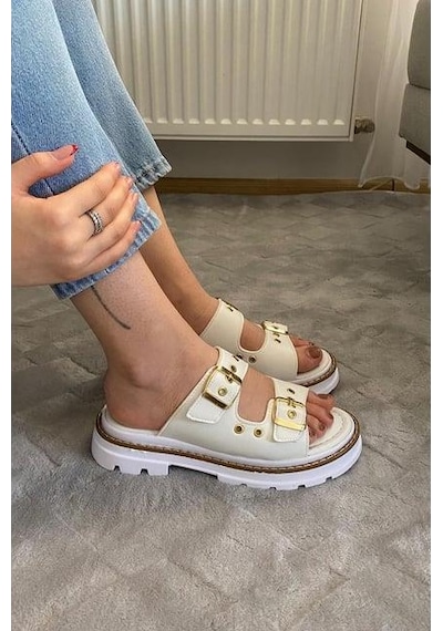 Asmi Shoes Kadın Çift Bant Kapsül Detaylı Kalın Taban Ortopedik Terlik Beyaz Beyaz