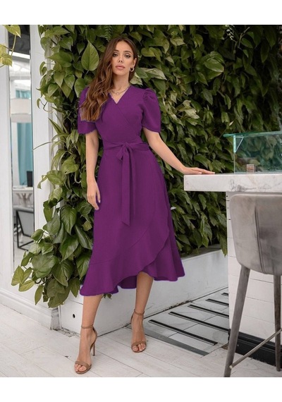 Efnaz Style Kadın Kruvaze Yaka Midi Boy Kuşaklı Krep Elbise 120 Cm Mürdüm