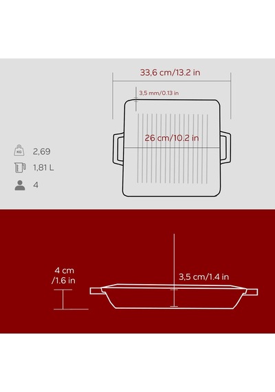 Lava Döküm Kare Izgara Tavası Döküm Demir Yekpare Çift Kulplu Ölçü 26x26cm.-bordo Bordo