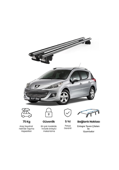 Venüs Peugeot 207 Station Wagon 2007-2013 Uyumlu Gri Ara Atkı Port Bagaj Tavan Barı