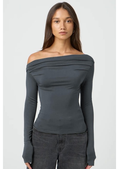 Seeh Füme Kayık Yaka Büzgülü Kadın Body Sh225