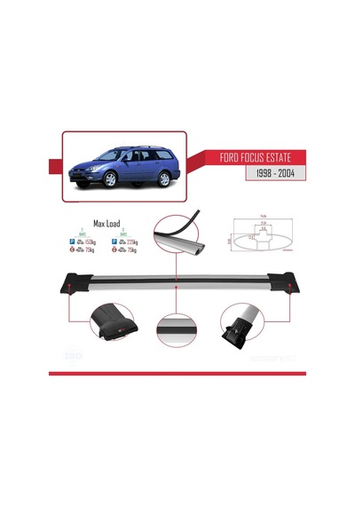 Ford Focus Estate C170 1998-2004 Arası İle Uyumlu Fly Model Ara Atkı Tavan Barı Gri