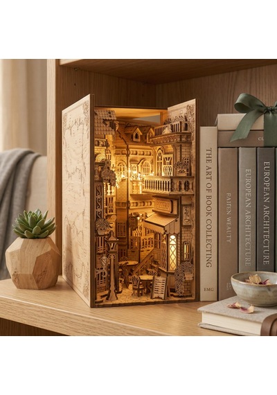European Alley Book Nook Ahşap Maket Seti Avrupa Sokağı Peri Led'li Kitaplık Dekoru