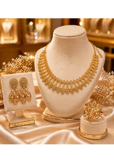Sorélia Altın Kaplama Kolye Yüzük Küpe 3'lü Luxury Takı Seti Abiye