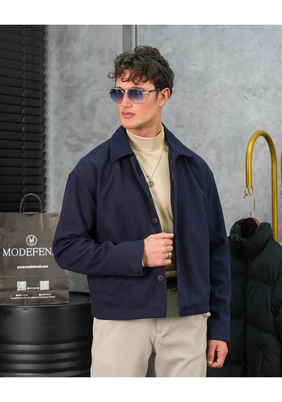 Modefendi Orta Slim Fit Düğme Detaylı Kaşmir Kaban Lacivert
