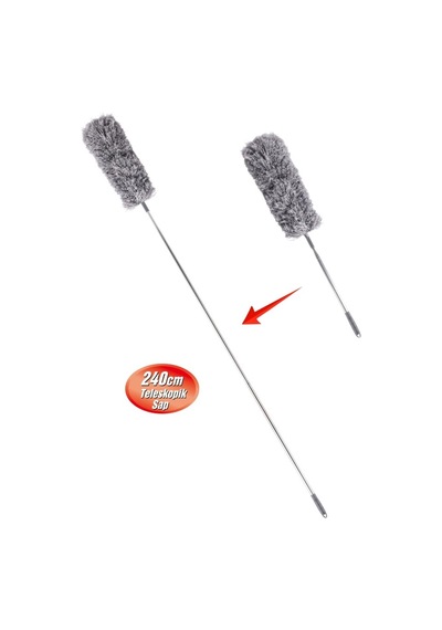 Teleskopik Saplı Toz Alma Mopu 240 Cm, Uzatılır Duvar Tavan Yer Temizleyici Mikrofiber Tozucu F277 Gri