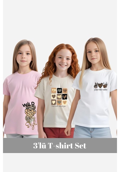 Fyk Kids Kız Çocuk 3'lü - Wild-love-coffee Baskılı Tişört Çok Renkli
