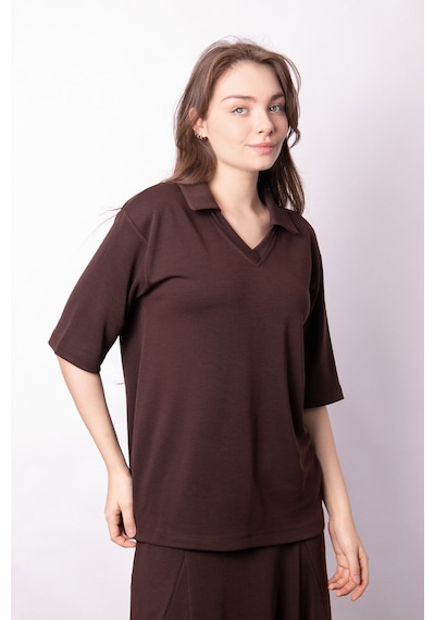 Kadın Yumşak Dokulu Esnek Kumaş V Yaka Yakalı Düşük Omuzlu Dirsek Boy Kollu Oversize Bluz-kahve Kahve Kadın Yumşak Dokulu Esnek Kumaş V Yaka Yakalı Düşük Omuzlu Dirsek Boy Kollu Oversize Bluz-kahve Kahve