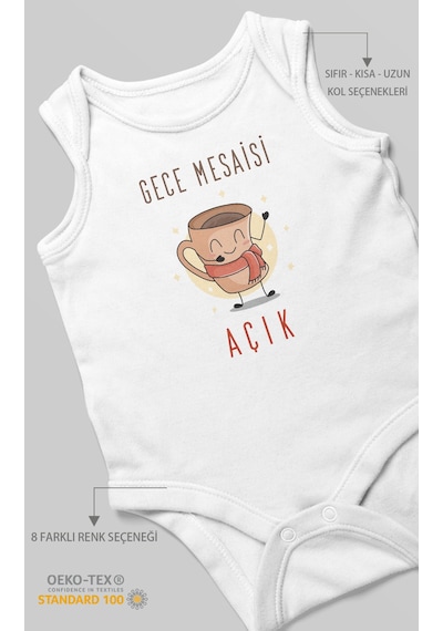 Gece Mesaisi Açık Baskılı Bebek Zıbını Çıtçıtlı Body %100 Pamuk Sıfır Kol Beyaz