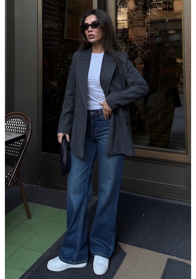 Mavi %100pamuklu Geniş Paça Kadın Wide Leg Jean Mg2623 Mavi