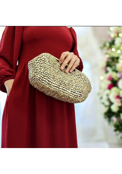 Kemzey Handmade Parlak Tutmalı El Çantaları , El Yapımı Işıltılı Clutch, Örgü El Çantası Altın