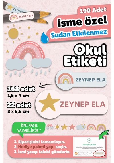 Okul Etiketi Kalem Defter İsimli Etiket Isim Yazılabilen Tatlı Doğa - 190 Adet Özel Tasarım Çok Renkli