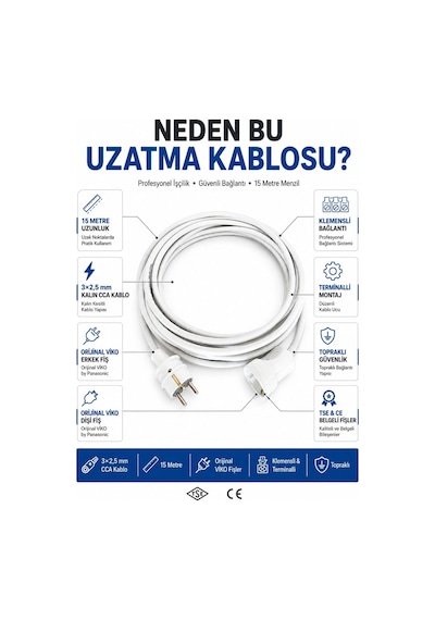 Viko Seyyar Uzatma Kablosu 15 Metre 3x2.5 Mm Cca Kablo Viko Erkek Dişi Fiş Klemensli Terminalli Topraklı Tse Ce Belgeli 15 M