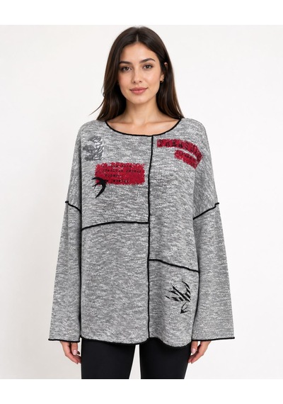 Neden Tekstil Kadın Oversize Yuvarlak Yaka Gri Bluz