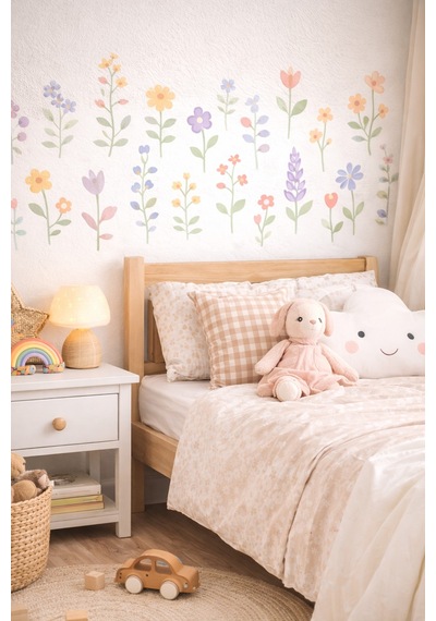 Pastel Çiçek Duvar Sticker Seti 38 Parça Çocuk Odası, Bebek Odası, Mutfak Ve Çalışma Alanı Dekoru Dijital Baskı