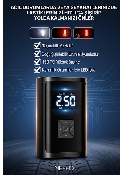 150 Psı Şarjlı Hava Kompresörü 4500mah Lcd Ekranlı Taşınabilir Lastik Şişirme Pompası 0 - 150 Psı 0 - 10 Bar