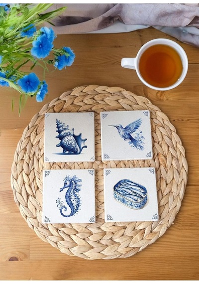 Arslart Deniz Canlıları Temalı Taş Bardak Altlığı - 4'lü Set Diğer