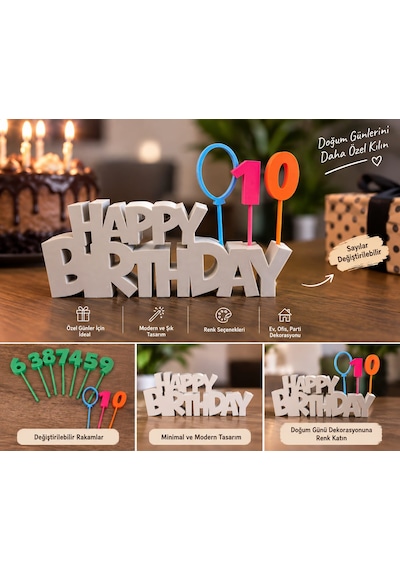 Değiştirilebilir Rakamlı Happy Birthday Doğum Günü Süsü Kişiye Özel Renk Seçenekli 0-99